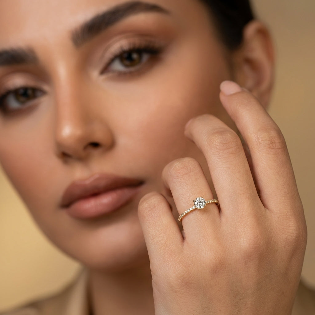 Vinali 14K Solid Yellow Gold 4mm Center Round CZ Solitaire Engagement Ring worn and styled