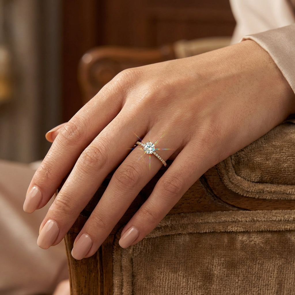 Vinali 14K Solid Yellow Gold 4mm Center Round CZ Solitaire Engagement Ring worn and styled