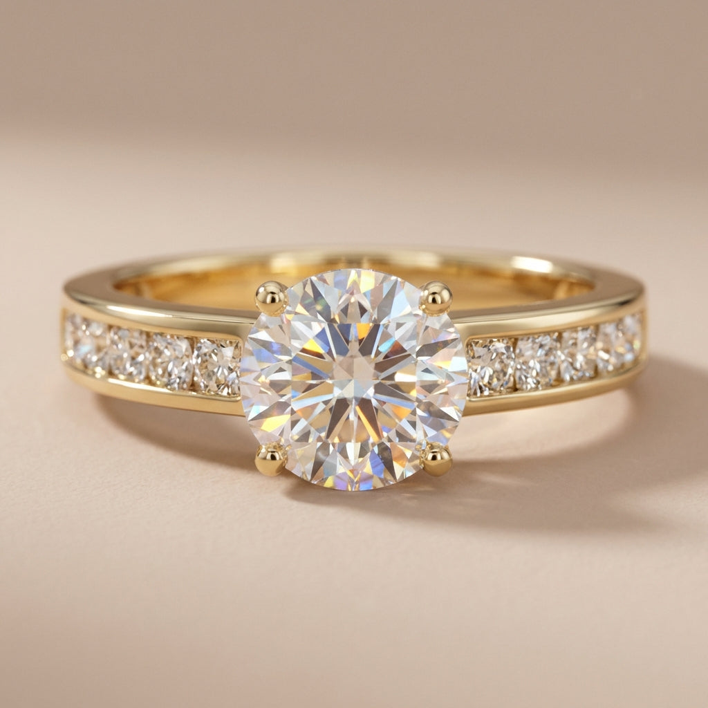 Vinali 14K Solid Yellow Gold 6mm Round CZ Engagement Ring with Side Stones worn and styled
