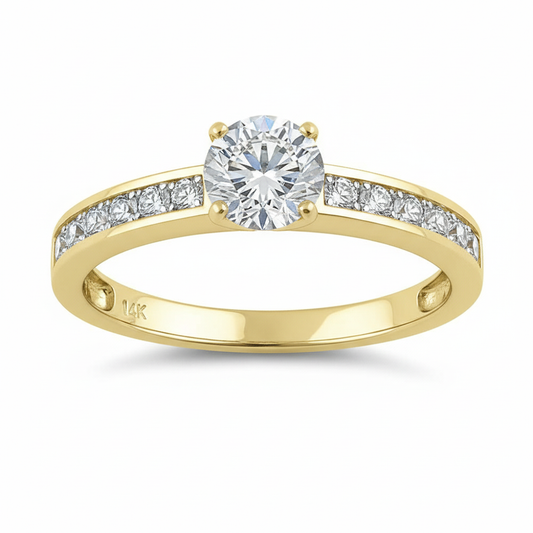 Vinali 14K Solid Yellow Gold 6mm Round CZ Engagement Ring with Side Stones
