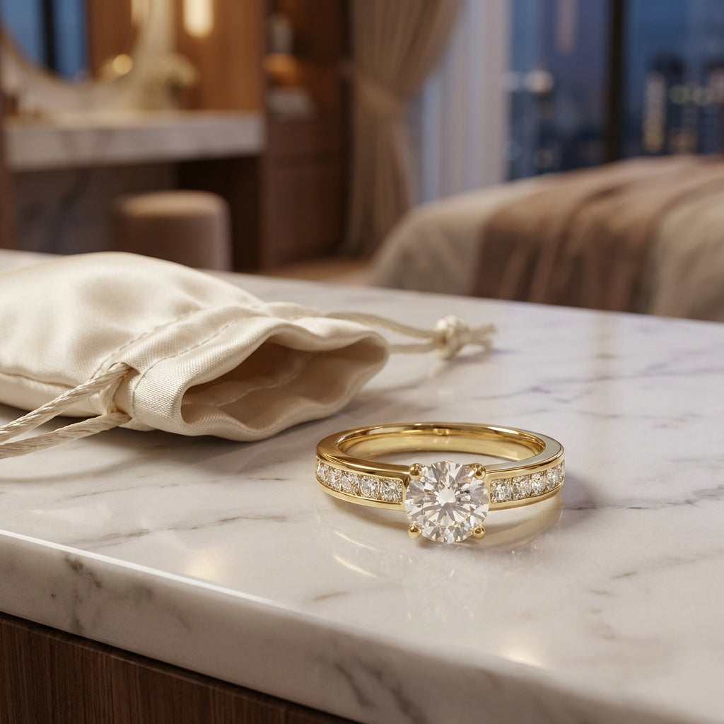 Vinali 14K Solid Yellow Gold 6mm Round CZ Engagement Ring with Side Stones worn and styled
