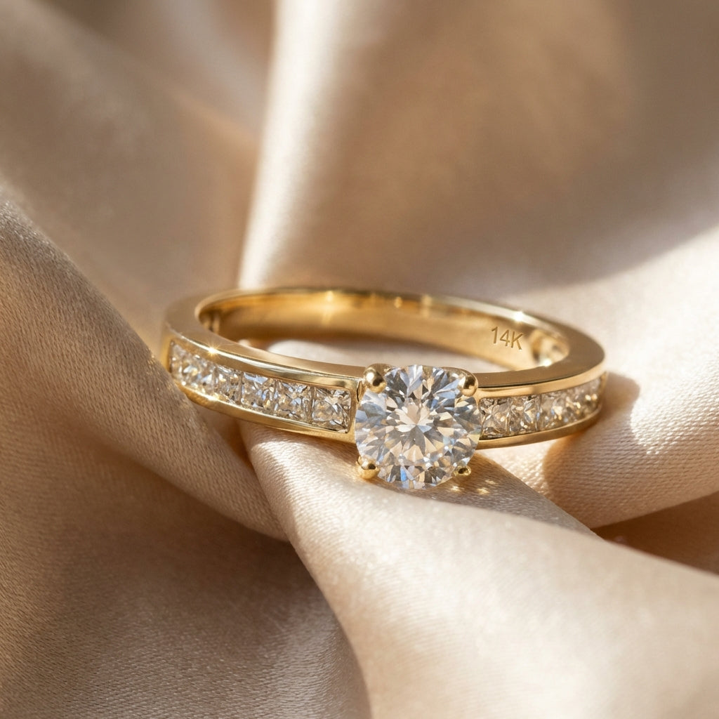 Vinali 14K Solid Yellow Gold 6mm Round CZ Engagement Ring with Side Stones worn and styled