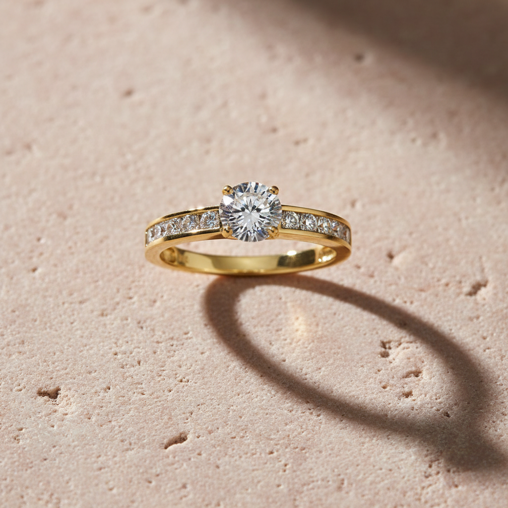 Vinali 14K Solid Yellow Gold 6mm Round CZ Engagement Ring with Side Stones worn and styled