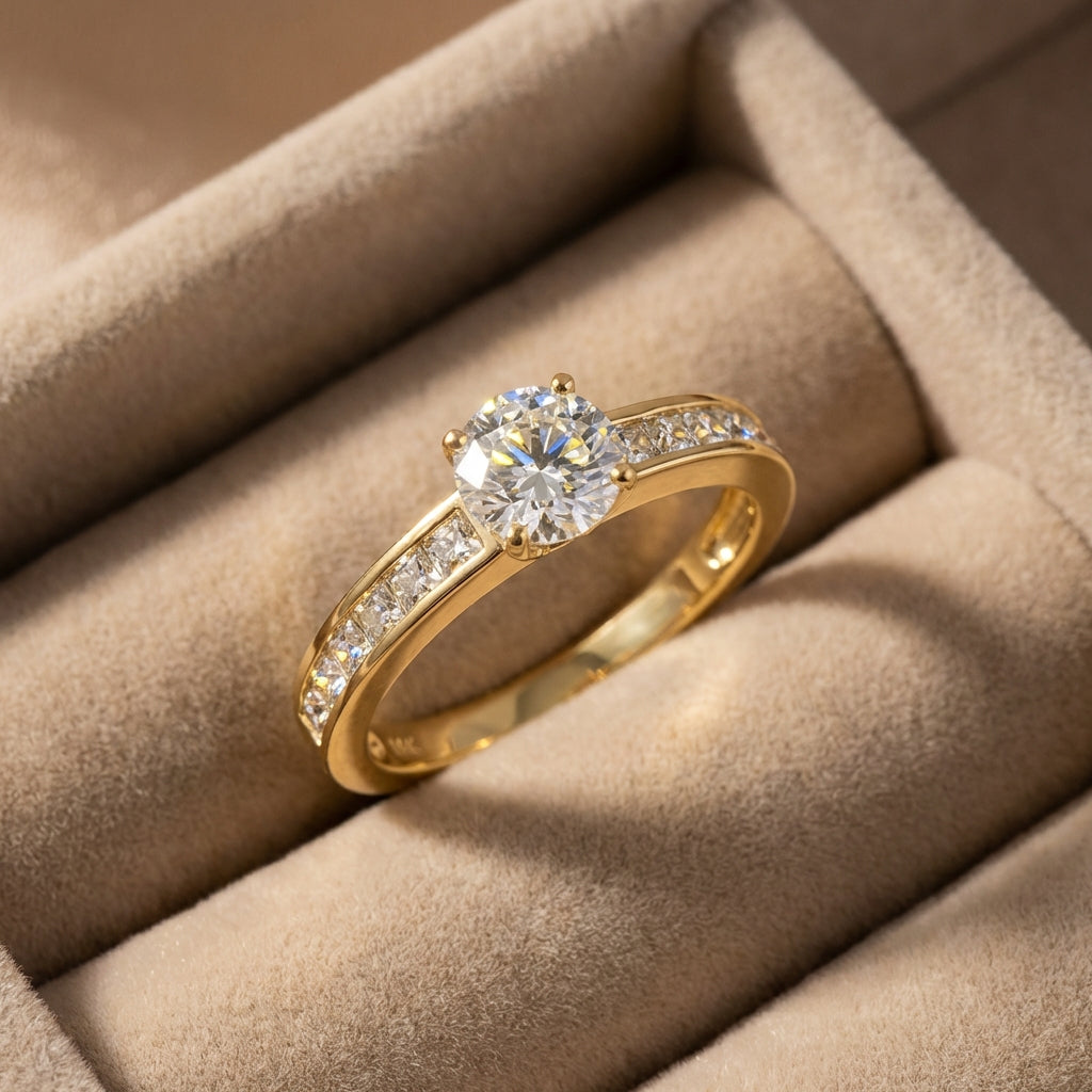 Vinali 14K Solid Yellow Gold 6mm Round CZ Engagement Ring with Side Stones worn and styled