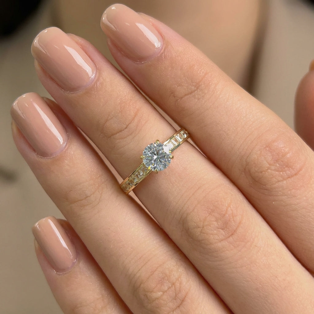 Vinali 14K Solid Yellow Gold 6mm Round CZ Engagement Ring with Side Stones worn and styled