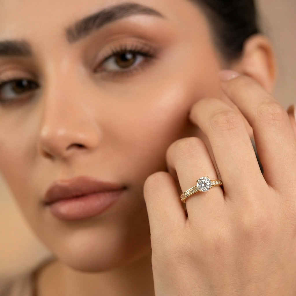 Vinali 14K Solid Yellow Gold 6mm Round CZ Engagement Ring with Side Stones worn and styled