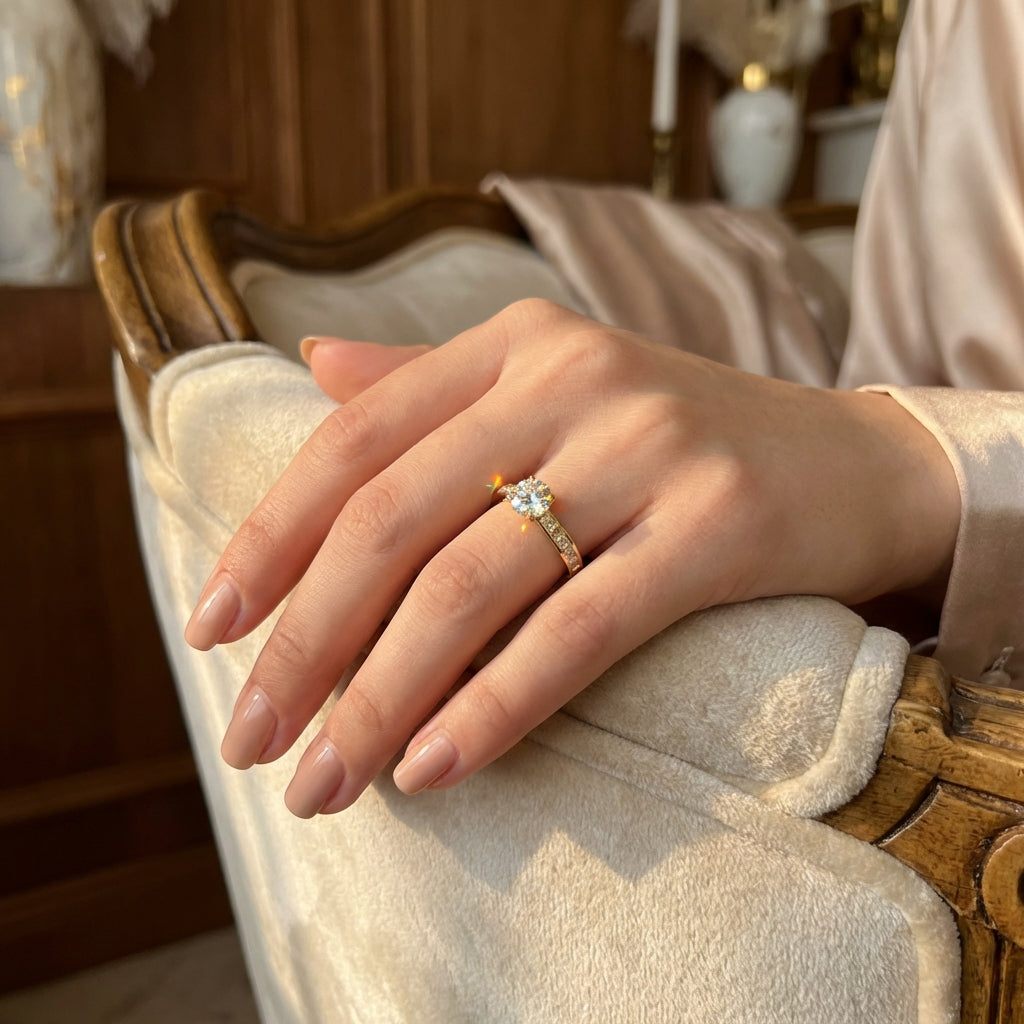 Vinali 14K Solid Yellow Gold 6mm Round CZ Engagement Ring with Side Stones worn and styled