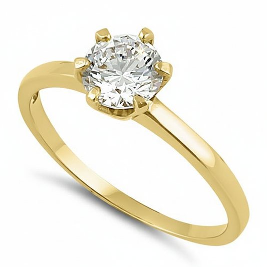 Vinali 14K Solid Yellow Gold 6mm Round CZ Solitaire Ring with 1.7mm Band