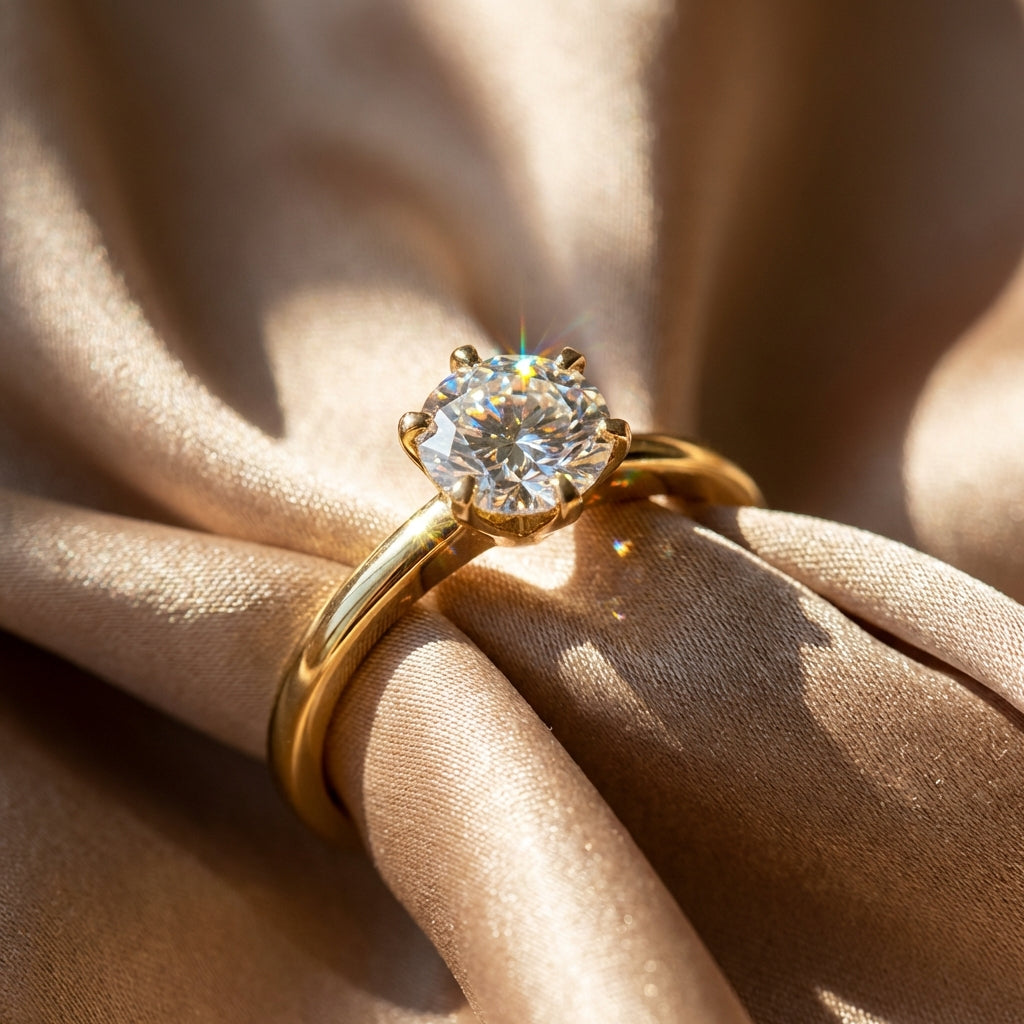 Vinali 14K Solid Yellow Gold 6mm Round CZ Solitaire Ring with 1.7mm Band worn and styled