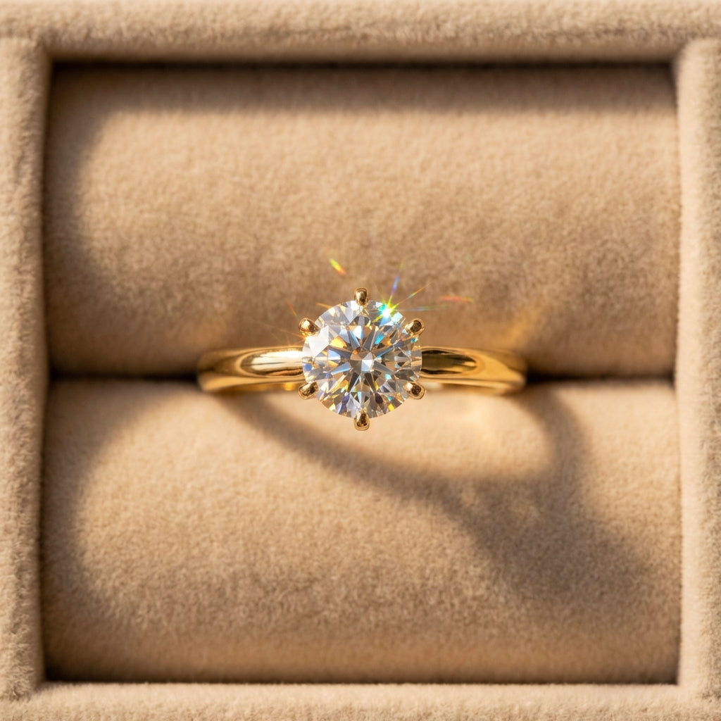Vinali 14K Solid Yellow Gold 6mm Round CZ Solitaire Ring with 1.7mm Band worn and styled