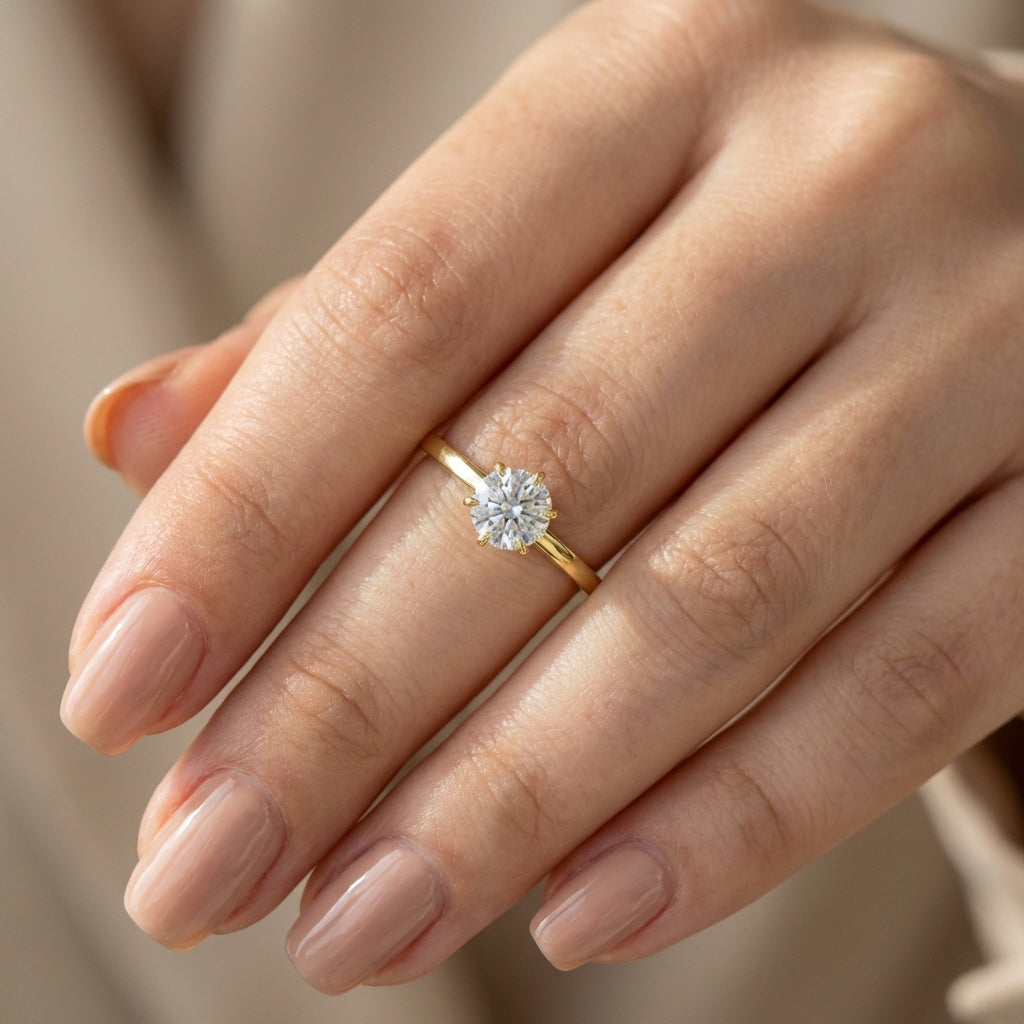 Vinali 14K Solid Yellow Gold 6mm Round CZ Solitaire Ring with 1.7mm Band worn and styled