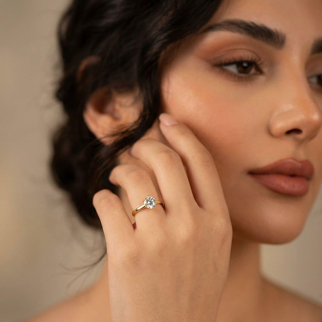 Vinali 14K Solid Yellow Gold 6mm Round CZ Solitaire Ring with 1.7mm Band worn and styled