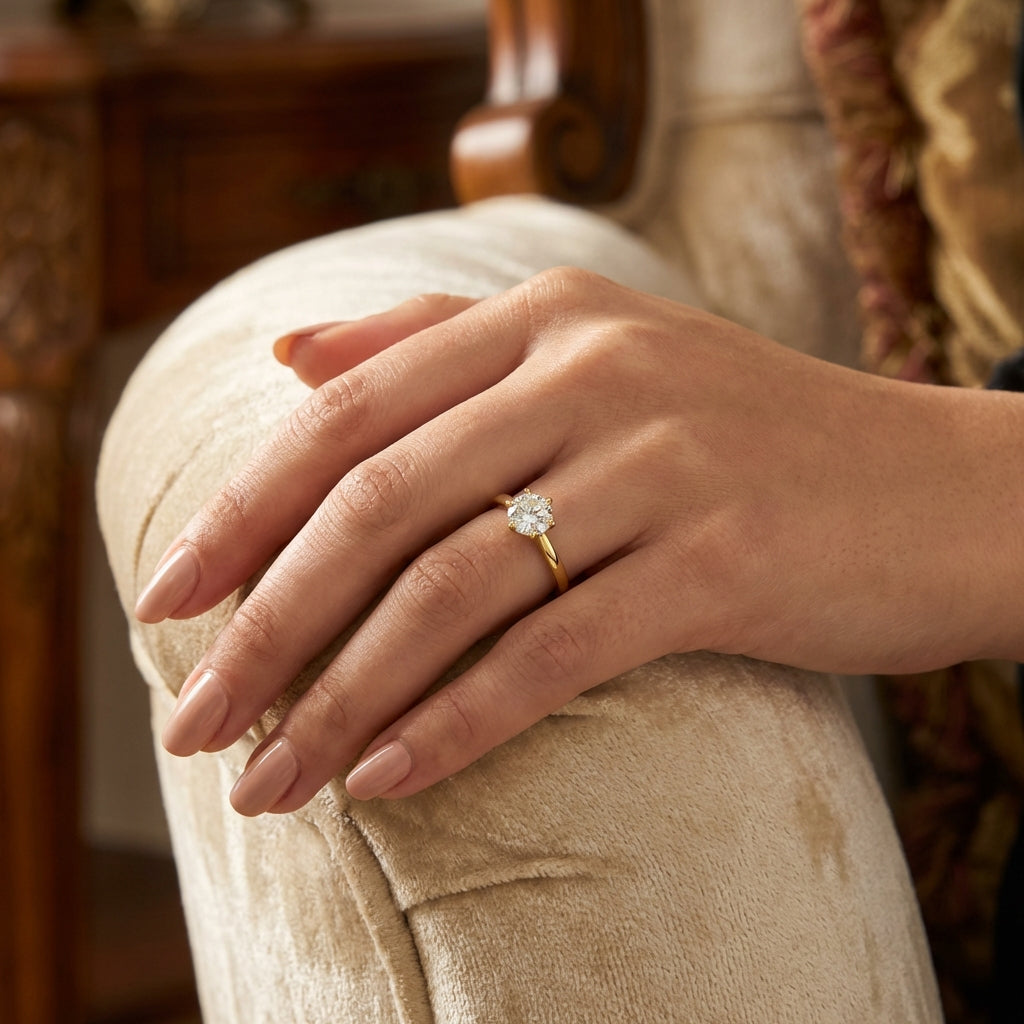 Vinali 14K Solid Yellow Gold 6mm Round CZ Solitaire Ring with 1.7mm Band worn and styled