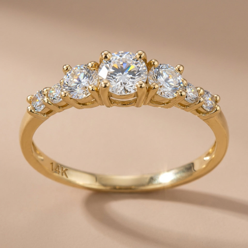 Vinali 14K Solid Yellow Gold 7 Stone Graduated Round CZ Ring for Women worn and styled