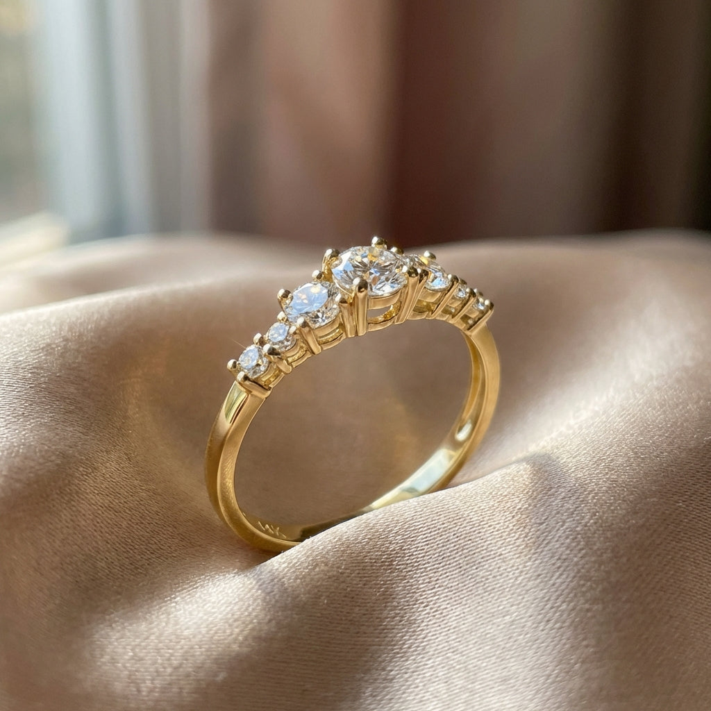 Vinali 14K Solid Yellow Gold 7 Stone Graduated Round CZ Ring for Women worn and styled