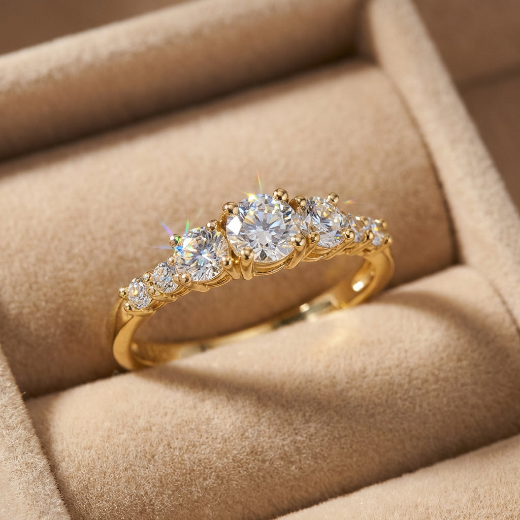 Vinali 14K Solid Yellow Gold 7 Stone Graduated Round CZ Ring for Women worn and styled