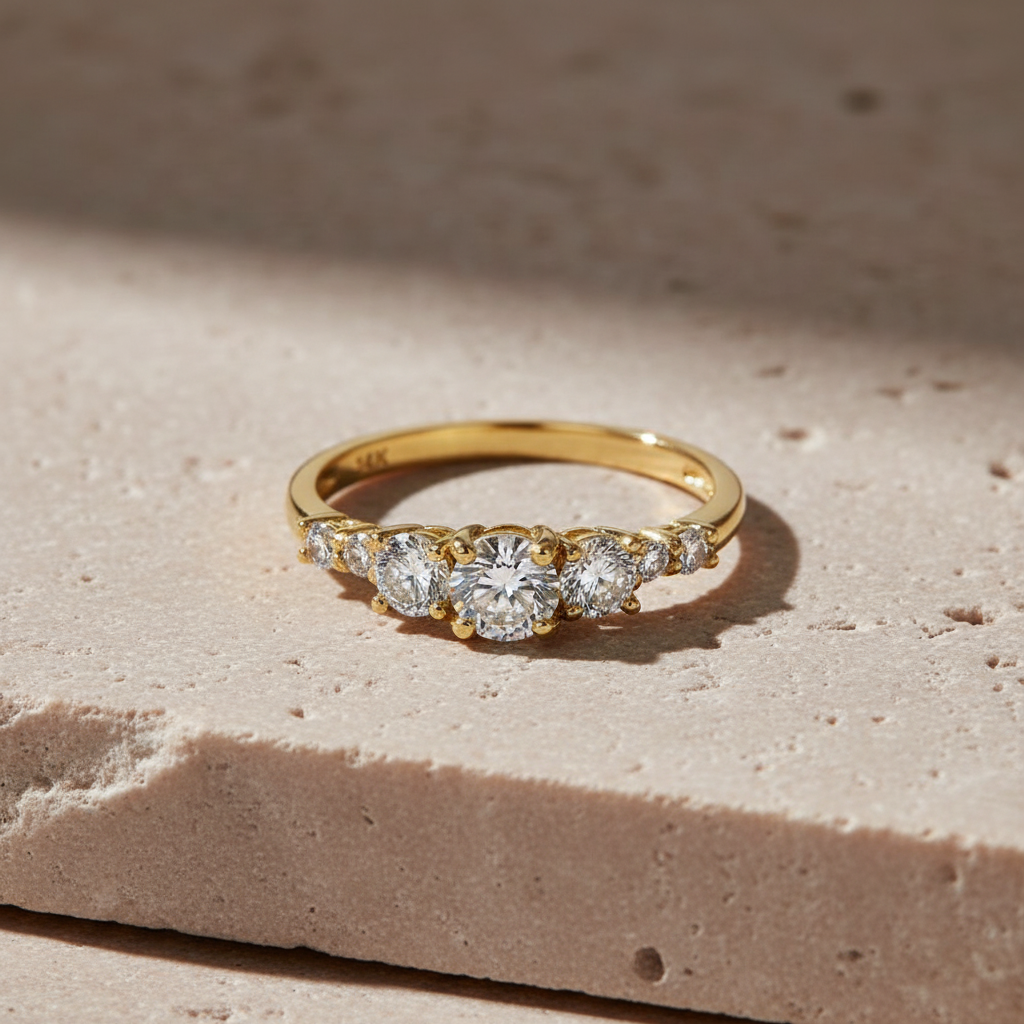 Vinali 14K Solid Yellow Gold 7 Stone Graduated Round CZ Ring for Women worn and styled