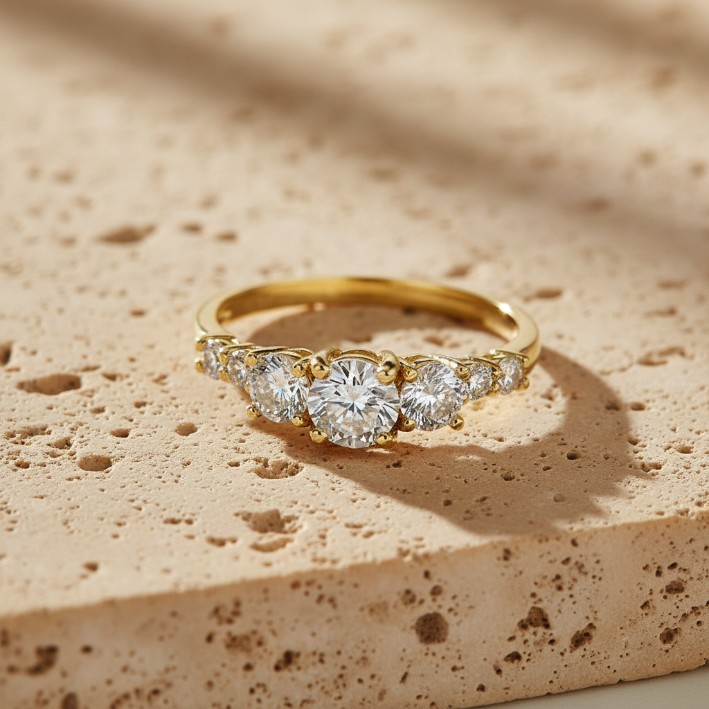 Vinali 14K Solid Yellow Gold 7 Stone Graduated Round CZ Ring for Women worn and styled