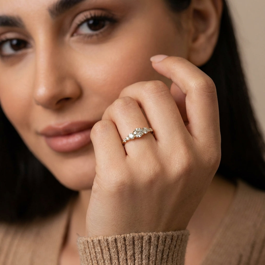 Vinali 14K Solid Yellow Gold 7 Stone Graduated Round CZ Ring for Women worn and styled