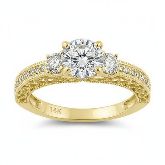 Vinali 14K Solid Yellow Gold 7mm Three Stone Round CZ Engagement Ring