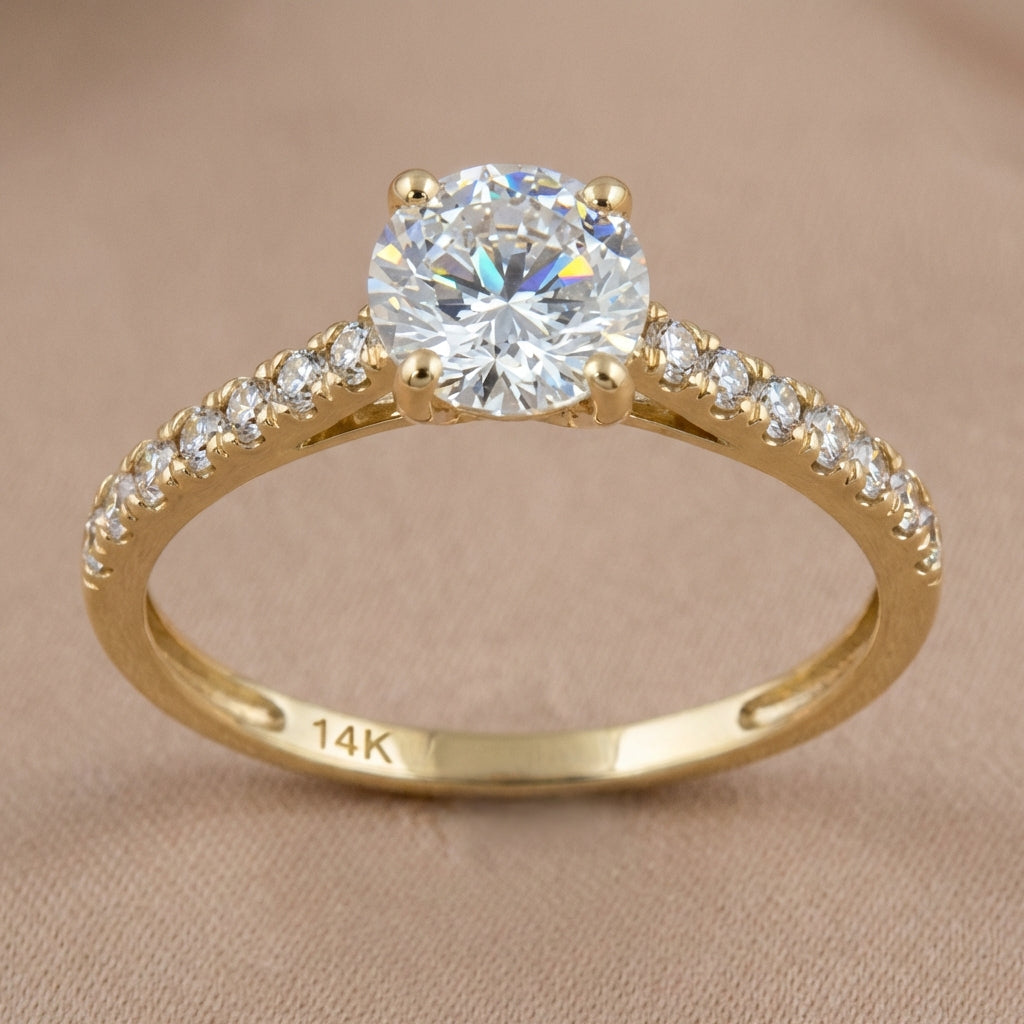 Vinali 14K Solid Yellow Gold Round CZ Pave Solitaire Engagement Ring worn and styled