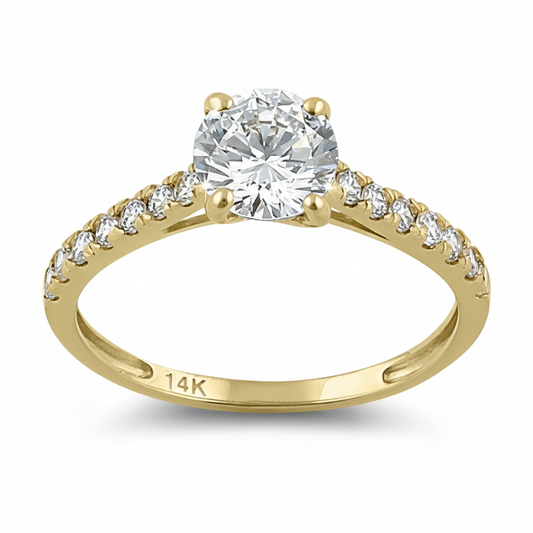 Vinali 14K Solid Yellow Gold Round CZ Pave Solitaire Engagement Ring