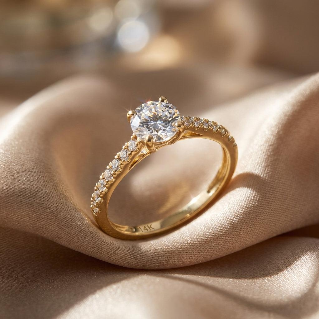 Vinali 14K Solid Yellow Gold Round CZ Pave Solitaire Engagement Ring worn and styled