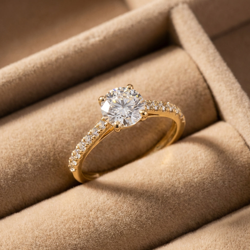 Vinali 14K Solid Yellow Gold Round CZ Pave Solitaire Engagement Ring worn and styled