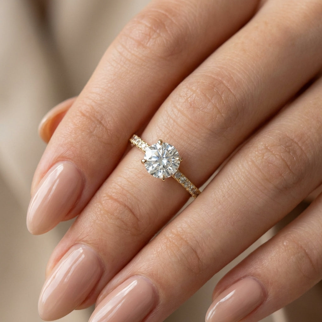 Vinali 14K Solid Yellow Gold Round CZ Pave Solitaire Engagement Ring worn and styled