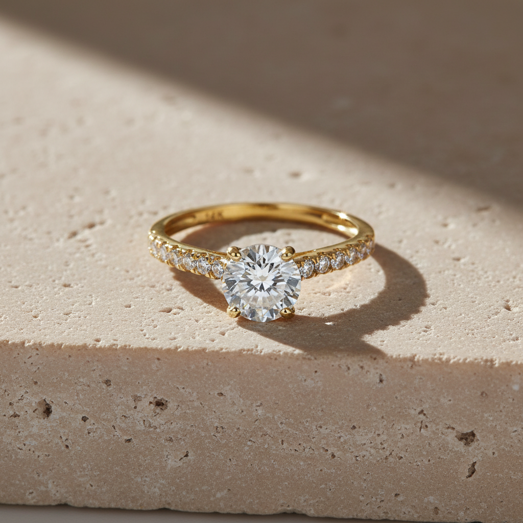 Vinali 14K Solid Yellow Gold Round CZ Pave Solitaire Engagement Ring worn and styled