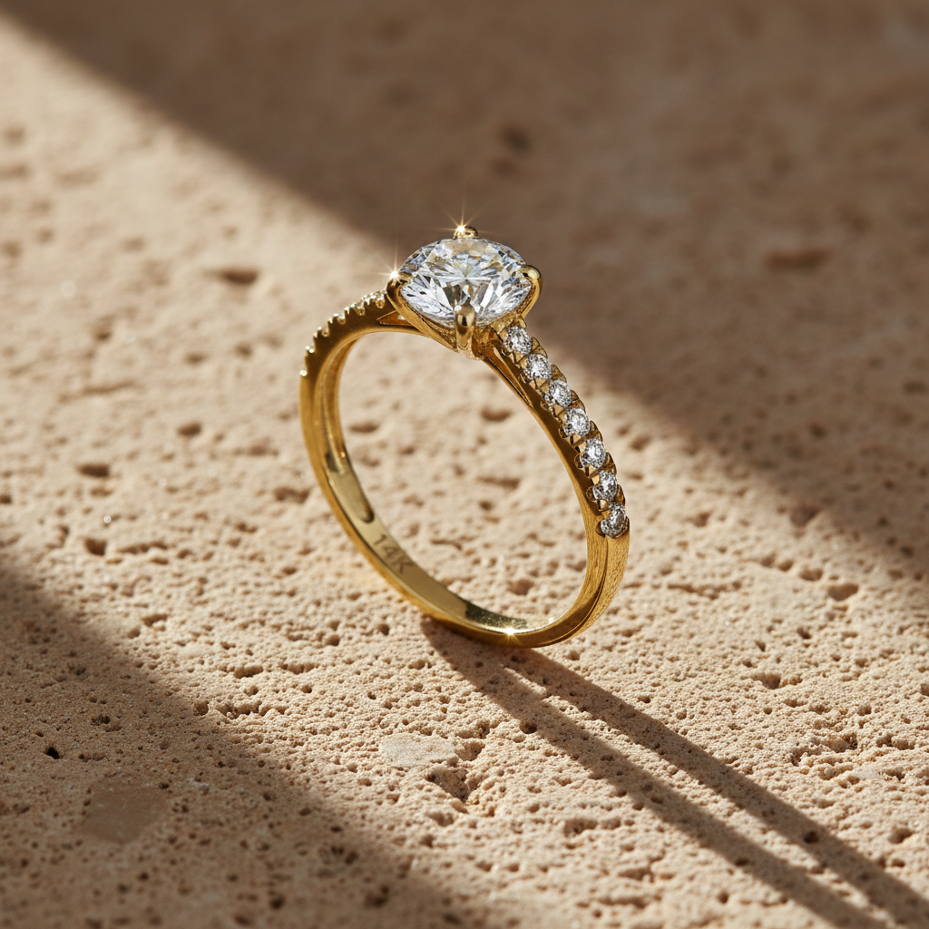 Vinali 14K Solid Yellow Gold Round CZ Pave Solitaire Engagement Ring worn and styled