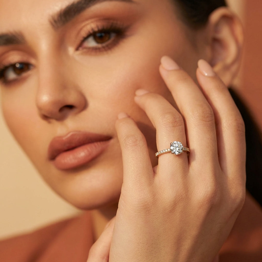 Vinali 14K Solid Yellow Gold Round CZ Pave Solitaire Engagement Ring worn and styled