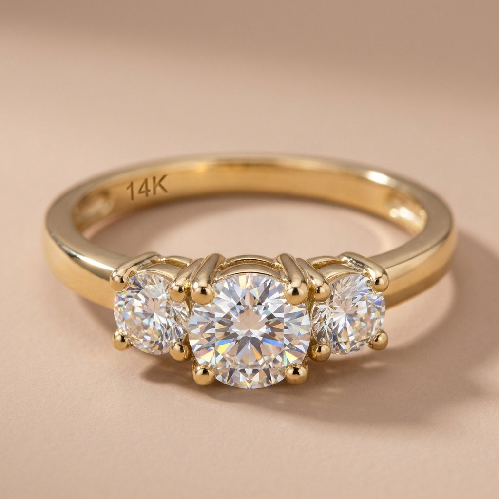 Vinali 14K Solid Yellow Gold 4.5mm Three Stone Round CZ Engagement Ring worn and styled