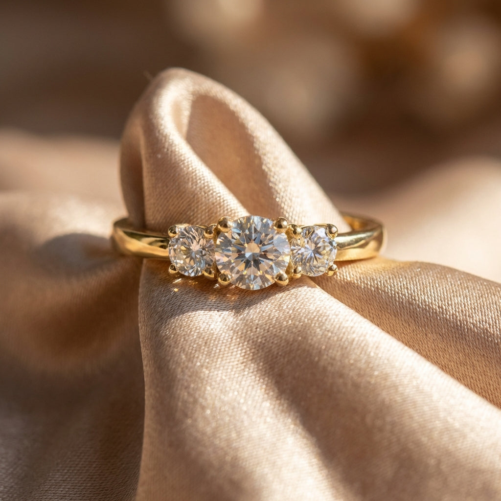 Vinali 14K Solid Yellow Gold 4.5mm Three Stone Round CZ Engagement Ring worn and styled