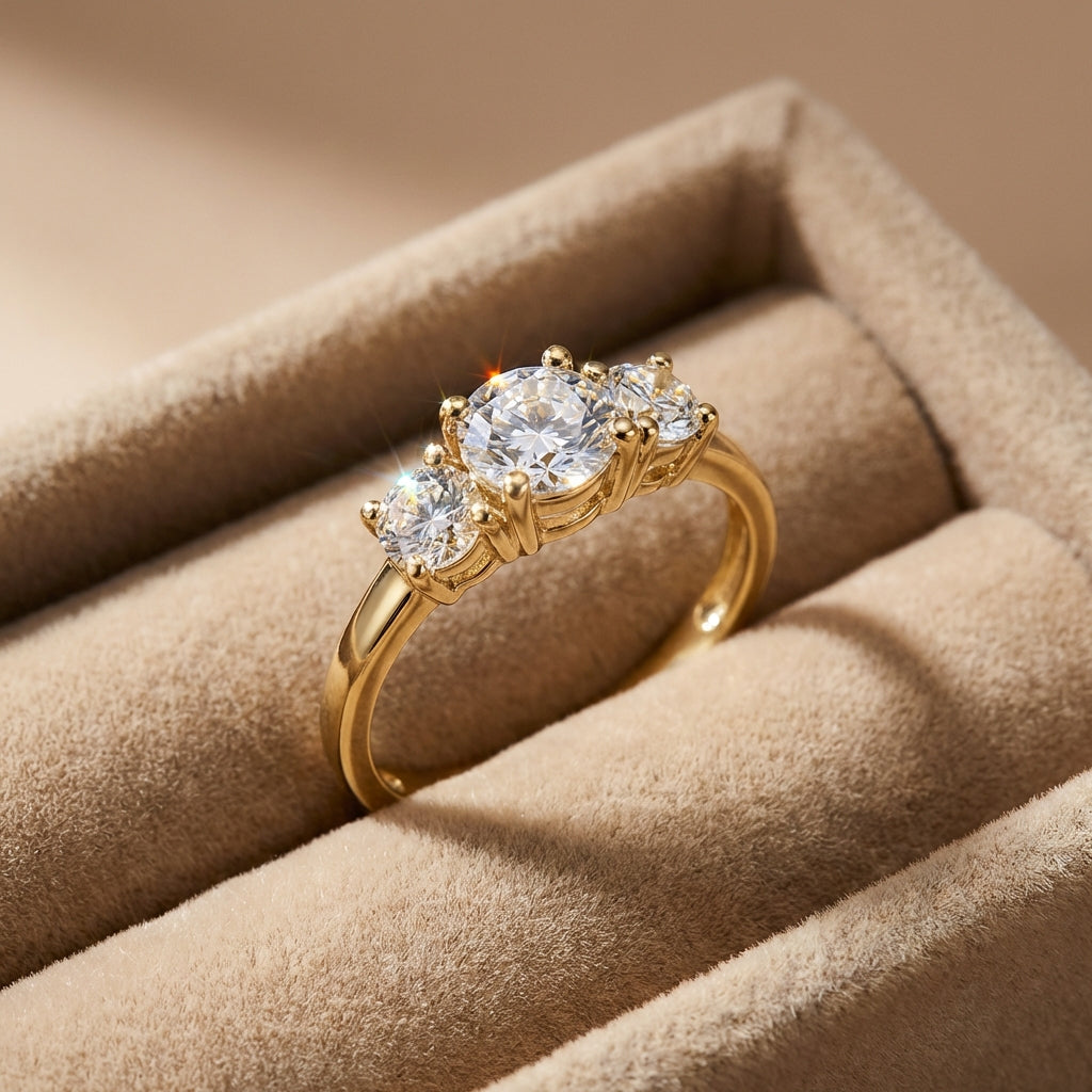 Vinali 14K Solid Yellow Gold 4.5mm Three Stone Round CZ Engagement Ring worn and styled