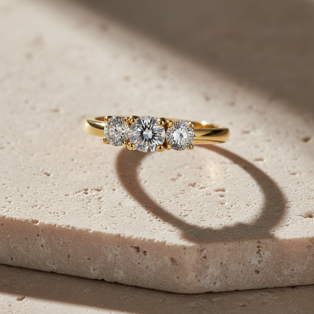 Vinali 14K Solid Yellow Gold 4.5mm Three Stone Round CZ Engagement Ring worn and styled