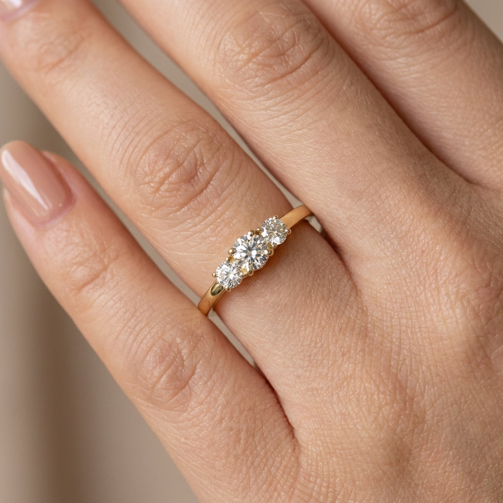 Vinali 14K Solid Yellow Gold 4.5mm Three Stone Round CZ Engagement Ring worn and styled