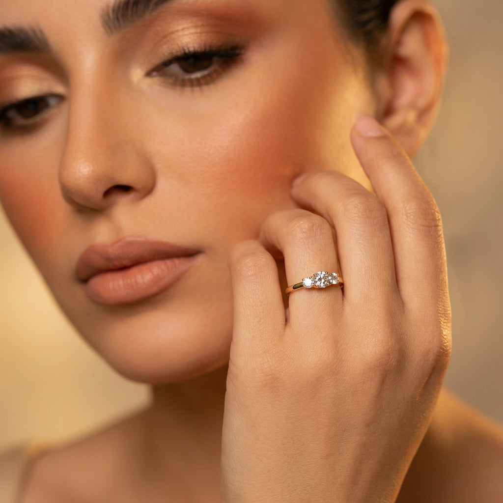 Vinali 14K Solid Yellow Gold 4.5mm Three Stone Round CZ Engagement Ring worn and styled