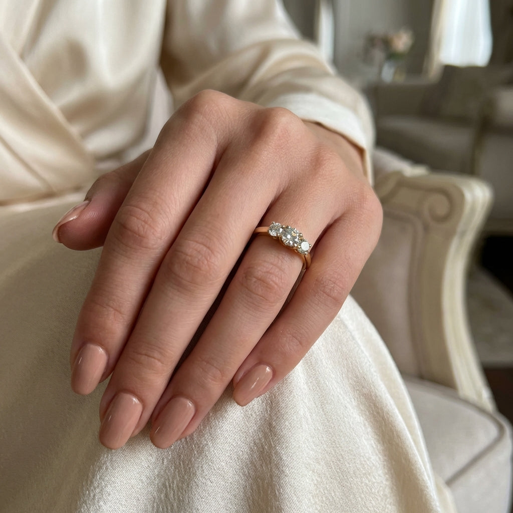 Vinali 14K Solid Yellow Gold 4.5mm Three Stone Round CZ Engagement Ring worn and styled