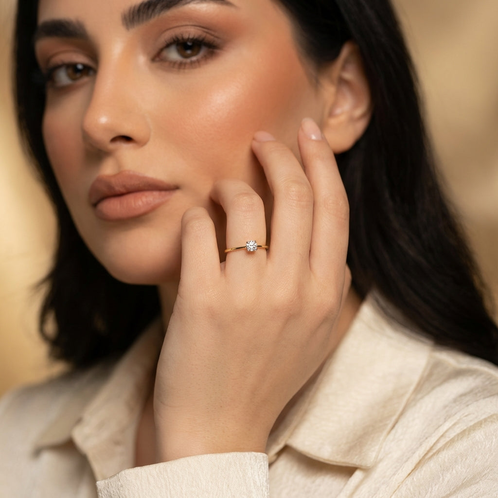 Vinali 14K Solid Yellow Gold 3.5mm Round CZ Solitaire Ring for Women worn and styled