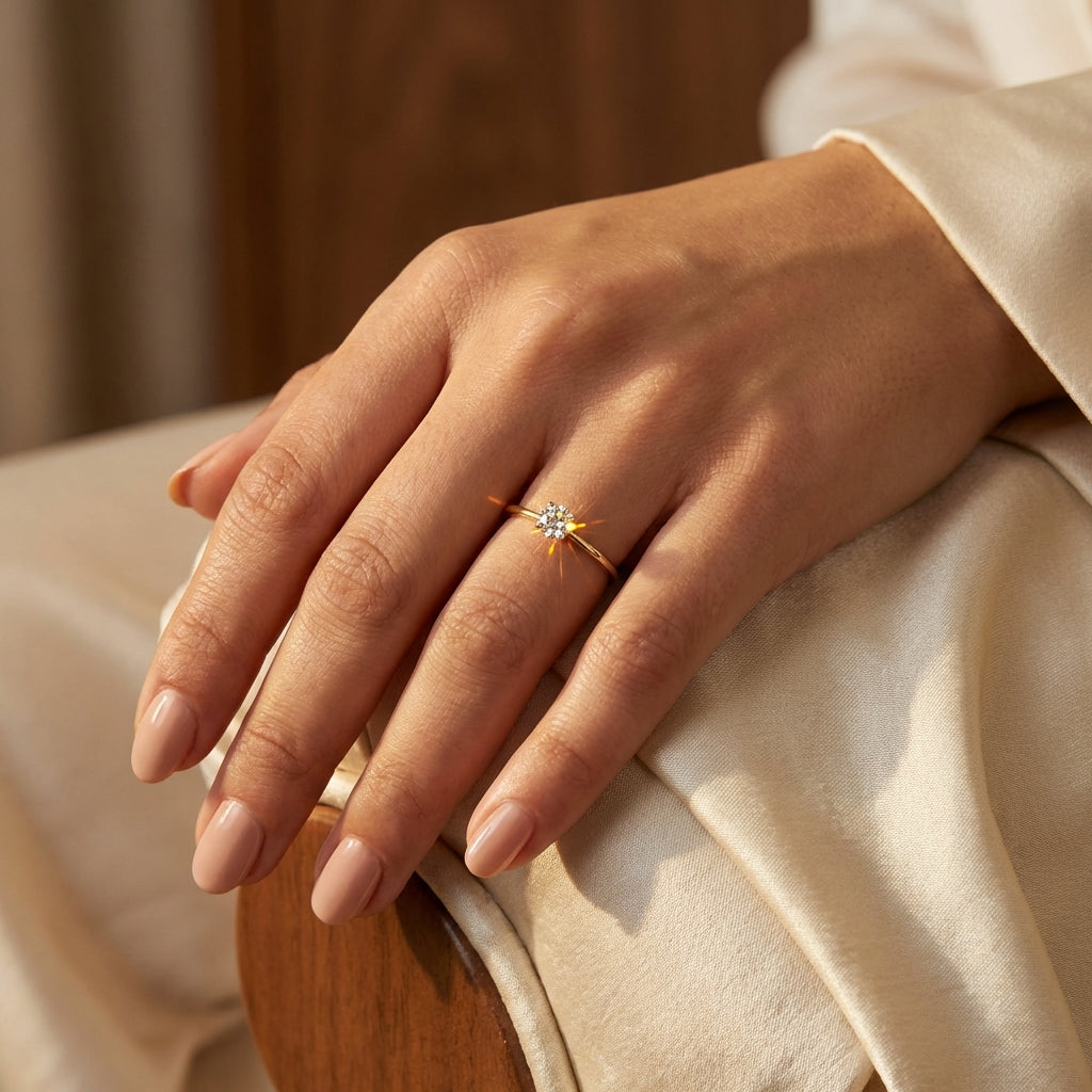 Vinali 14K Solid Yellow Gold 3.5mm Round CZ Solitaire Ring for Women worn and styled