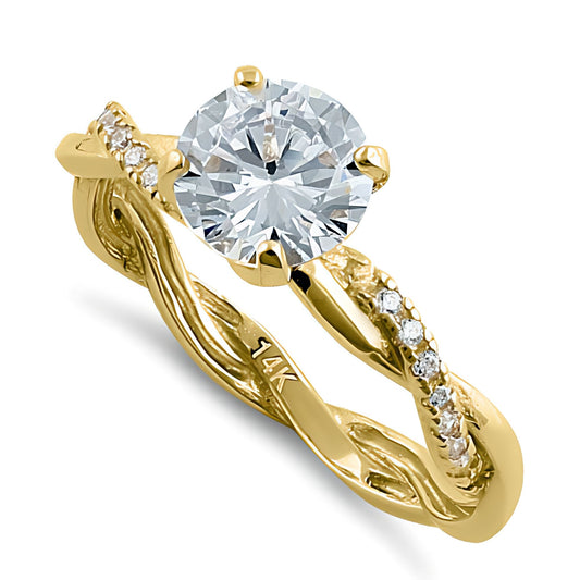 Vinali 14K Solid Yellow Gold 7mm Round CZ Solitaire Twist Engagement Ring