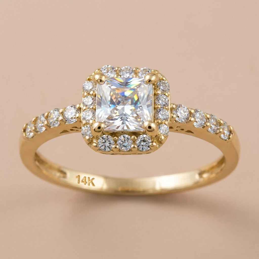 Vinali 14K Solid Yellow Gold Princess Cut CZ Halo Engagement Ring for Women worn and styled