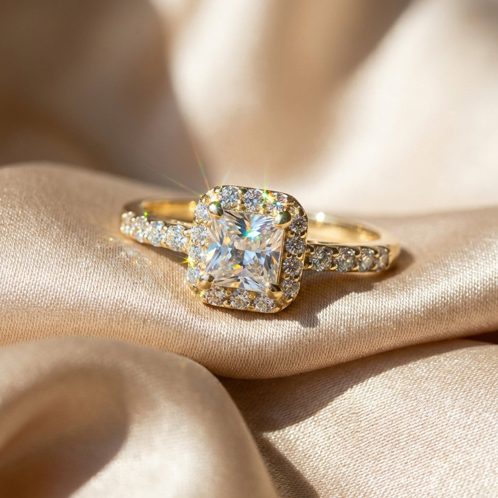Vinali 14K Solid Yellow Gold Princess Cut CZ Halo Engagement Ring for Women worn and styled