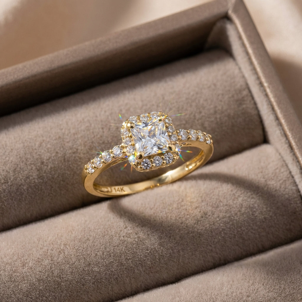 Vinali 14K Solid Yellow Gold Princess Cut CZ Halo Engagement Ring for Women worn and styled
