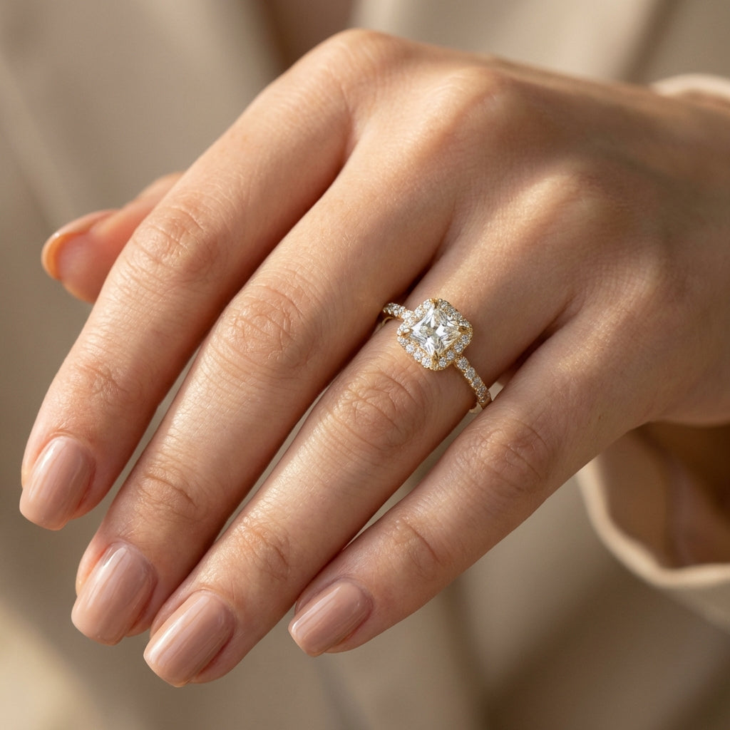 Vinali 14K Solid Yellow Gold Princess Cut CZ Halo Engagement Ring for Women worn and styled