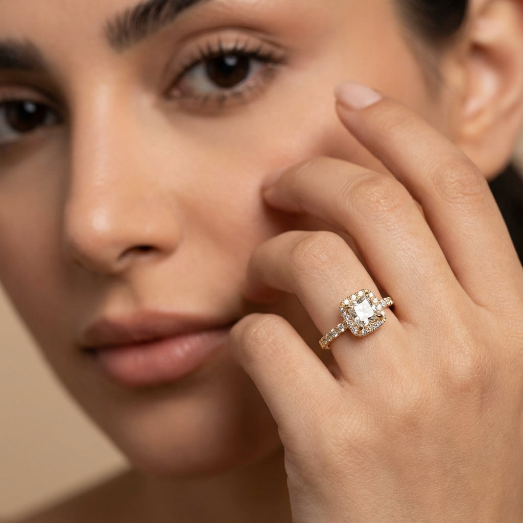 Vinali 14K Solid Yellow Gold Princess Cut CZ Halo Engagement Ring for Women worn and styled