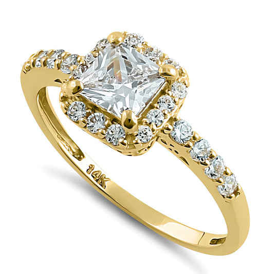 Vinali 14K Solid Yellow Gold Princess Cut CZ Halo Engagement Ring for Women