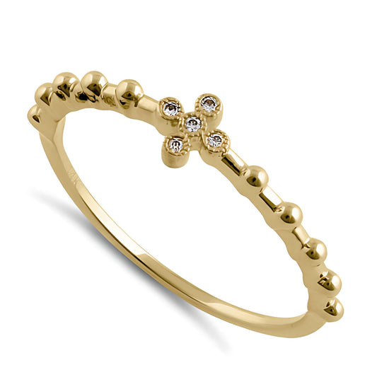 Vinali 14K Solid Yellow Gold CZ Cross Beaded Band Ring for Women