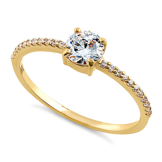 Vinali 14K Solid Yellow Gold Round CZ Solitaire Engagement Ring Pave Band